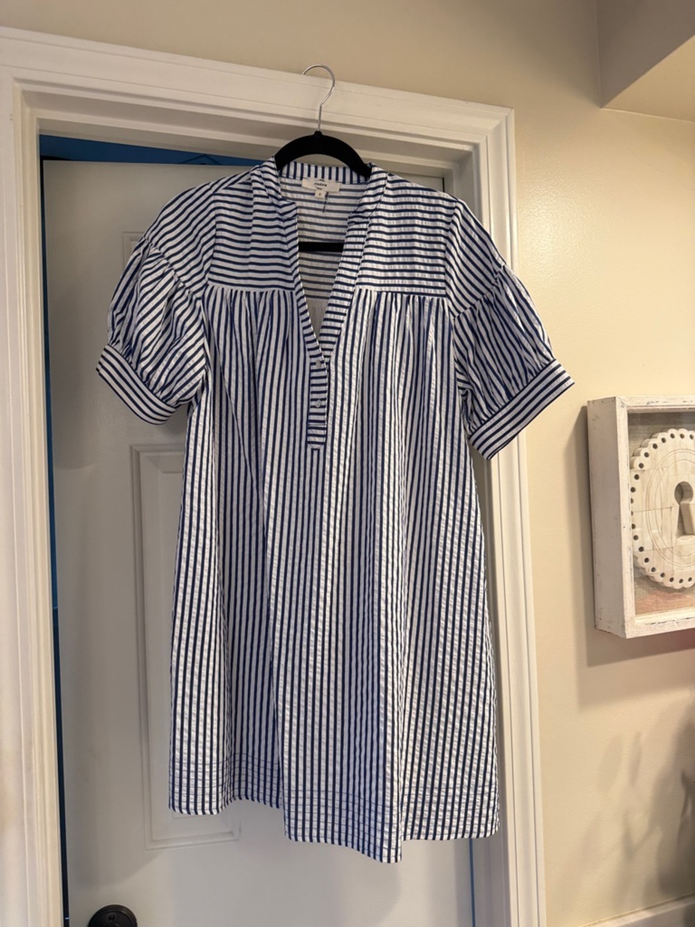 entro Blue and White Striped Short Sleeve Tunic Dress